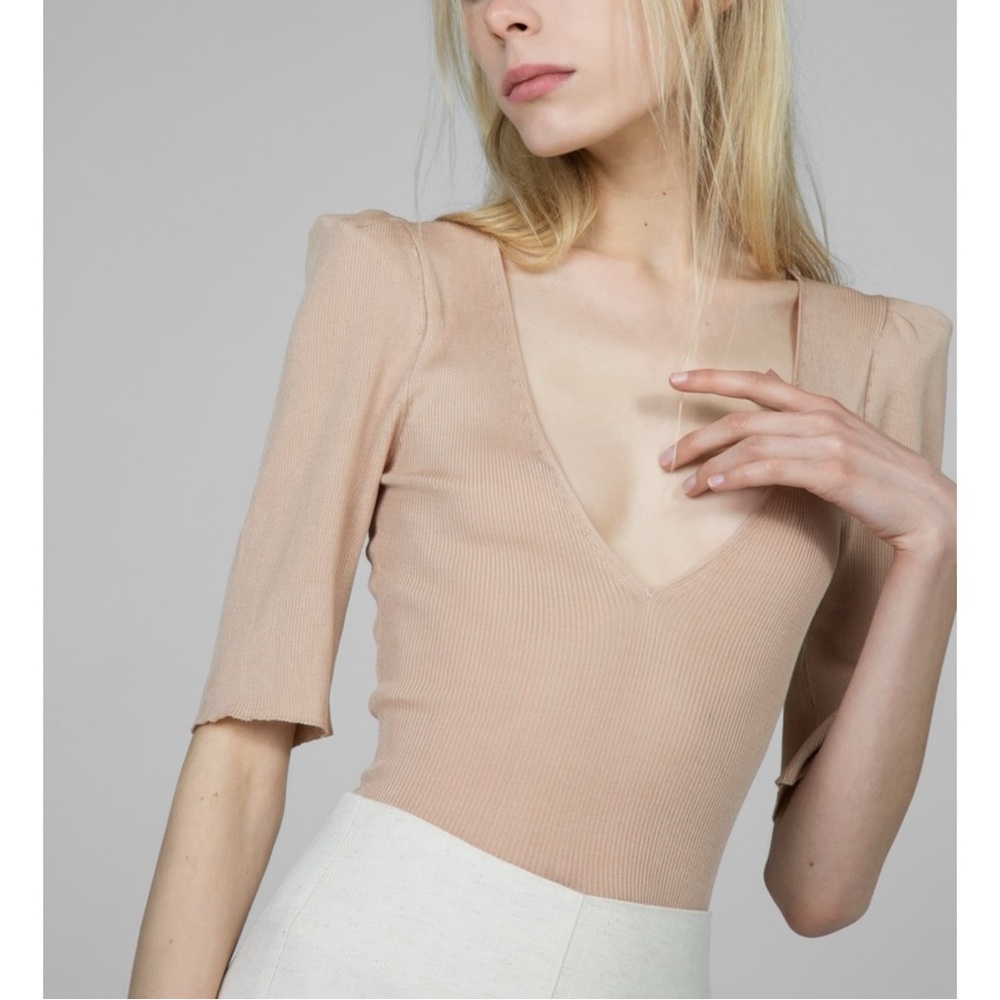 Ryan Roche Tan Brown Nude Rib Knit V-Neck Half Sleeve Padded Shoulder Bodysuit